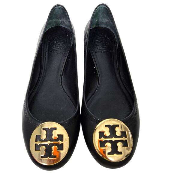 Tory Burch Reva Mestico Ballet Flats Black Leather Round Toe Logo Medallion 6 - Picture 2 of 16